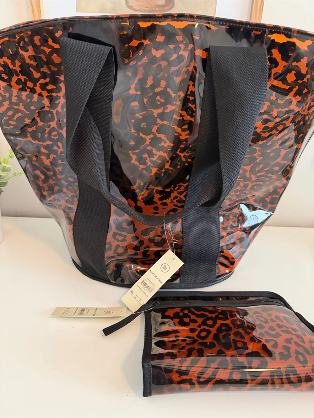 Clear Leopard-Print Tote Bag with Matching Pouch - Black & Orange